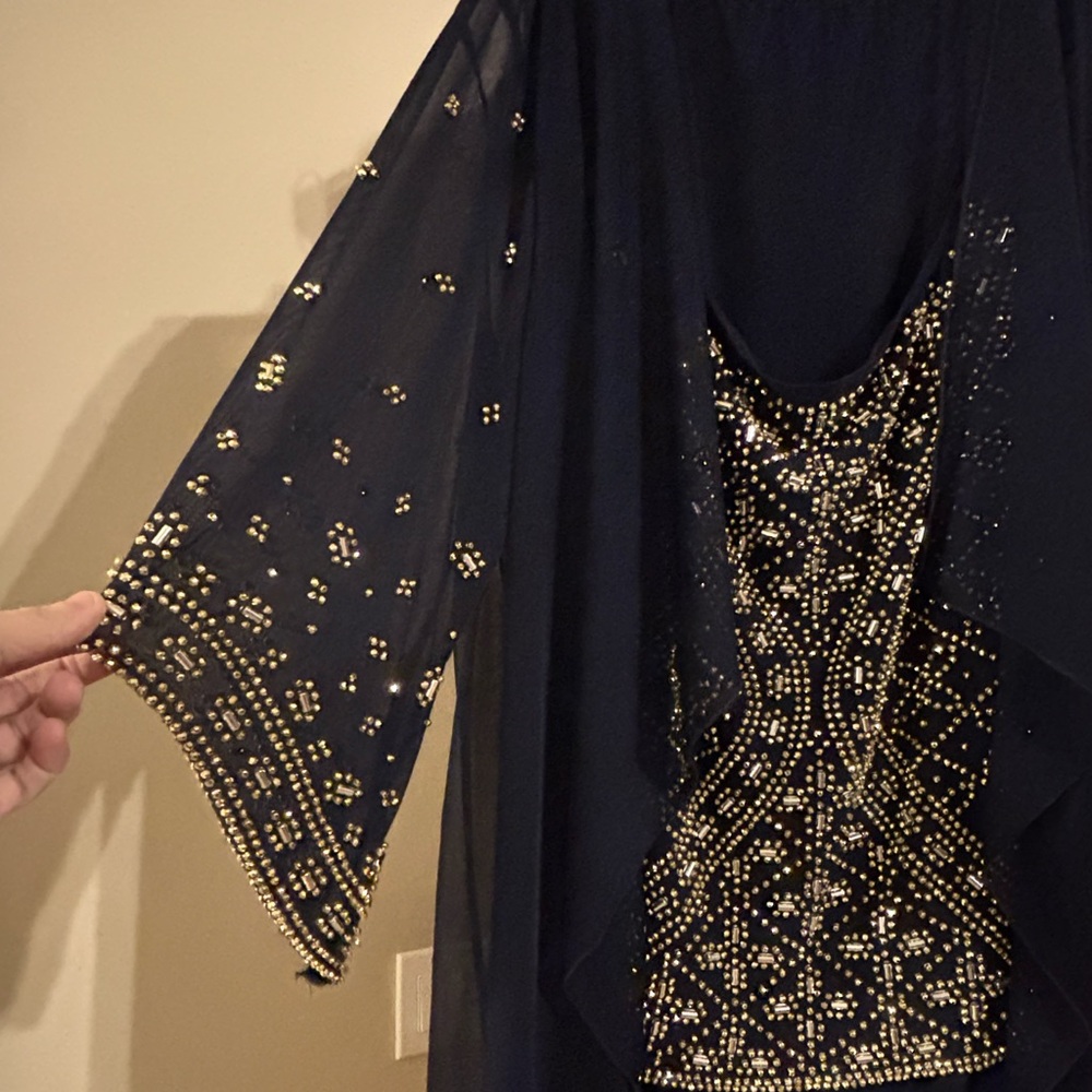 MARINA Navy Sheer Overlay with Embellished Bodice and palazzo pants
